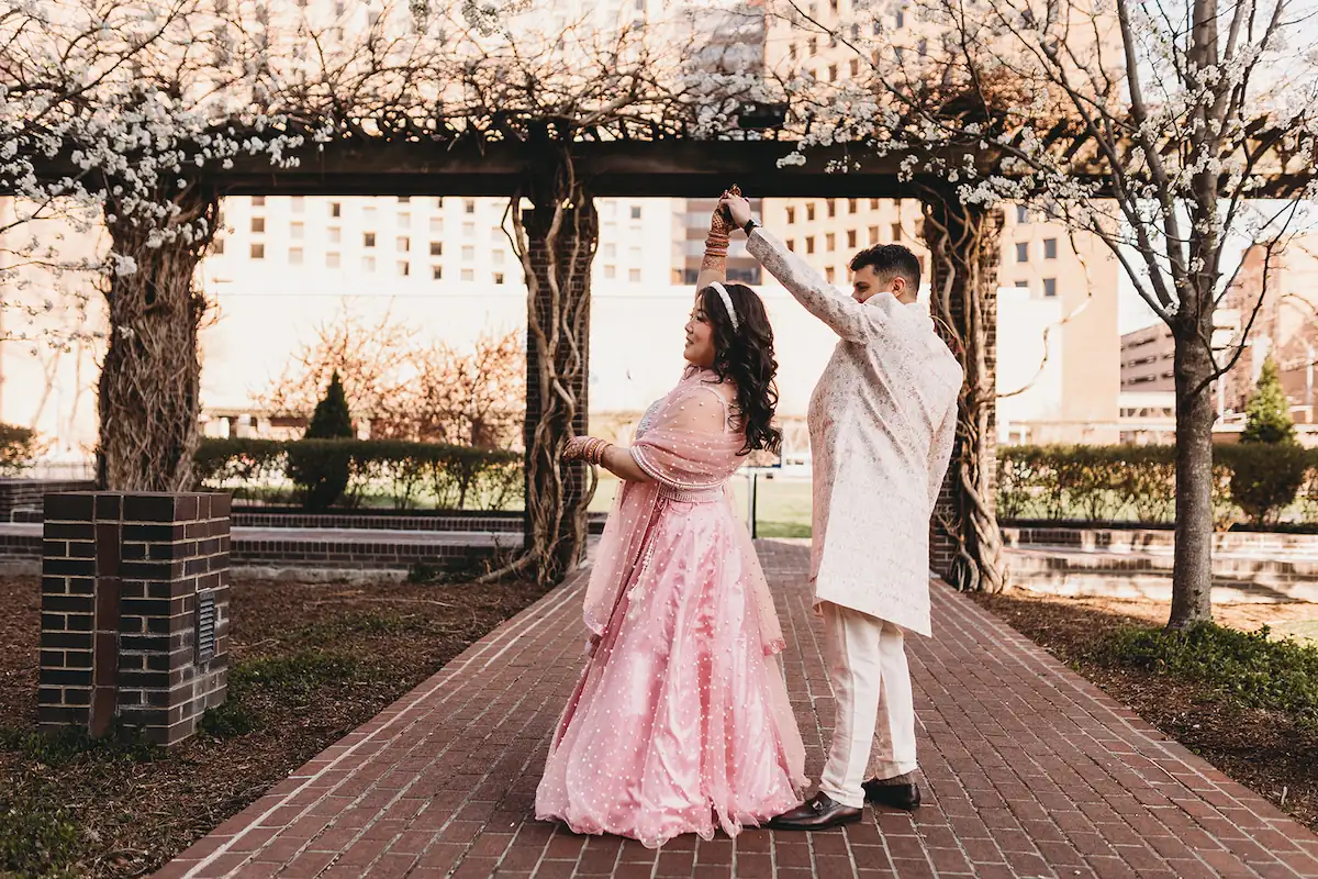 bride and groom outside